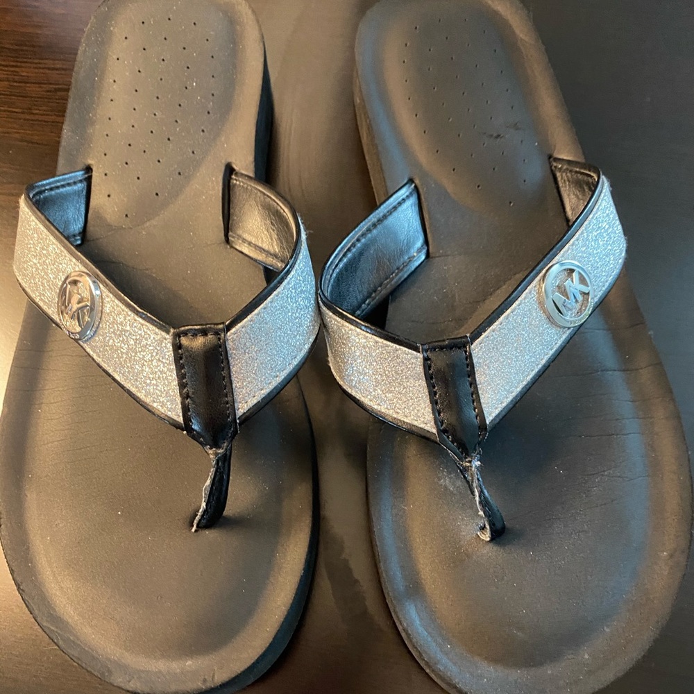 Michael Kors Black and silver wedge flip-flops